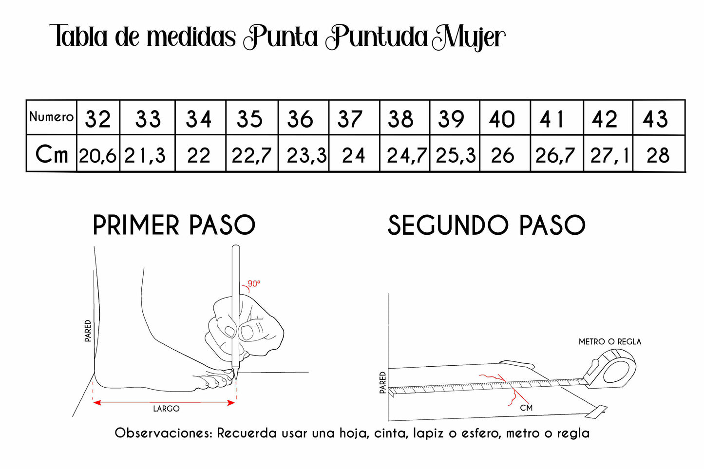 Tabla de medidas punta puntuda jorge ramirez