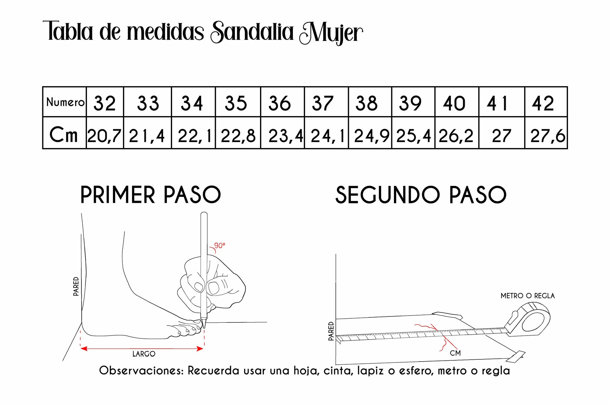 Tabla de medidas sandalia jorge ramirez